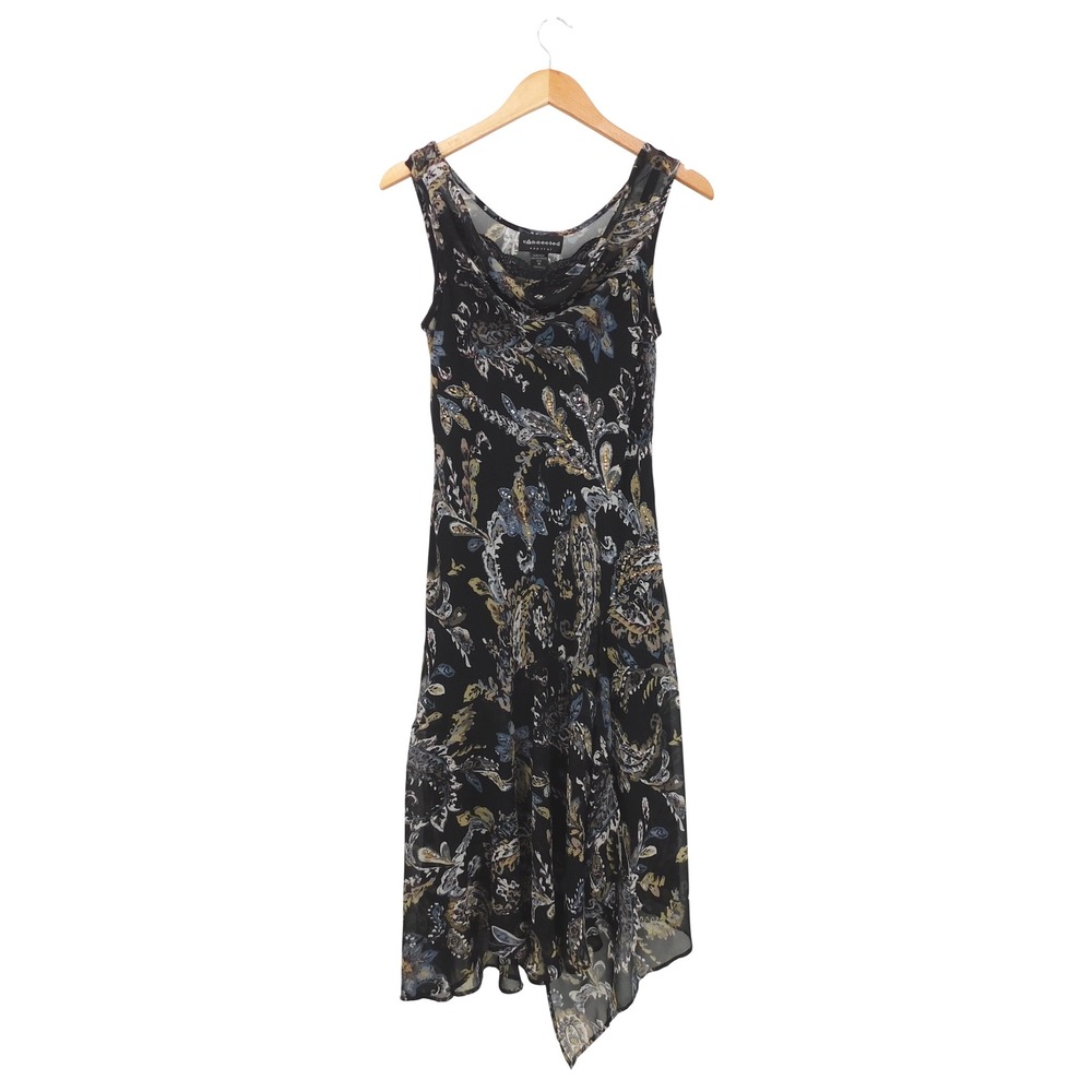 VTG Connected Apparel Black Paisley Midi Dress‎ Cowl Neck Sequin M Y2K